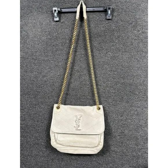 Saint Laurent YSL Bag Womens White Quilted Leather Chain Shoulder Chevron Purse - Picture 1 of 12